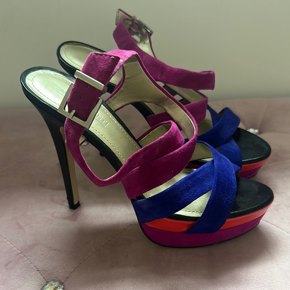 Marco Santi Pink and Blue Platform Sandals with Stiletto Heels